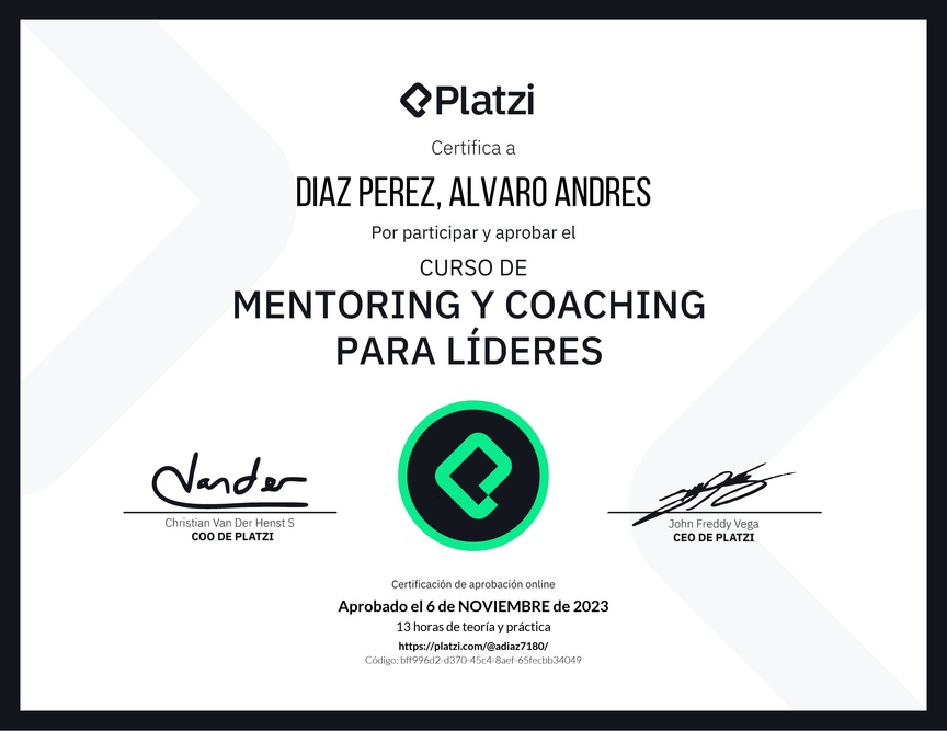Diploma del Curso de Mentoring y Coaching para Líderes