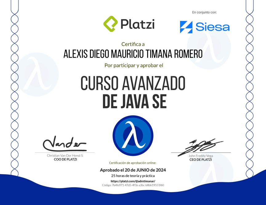 Diploma del Curso Avanzado de Java SE