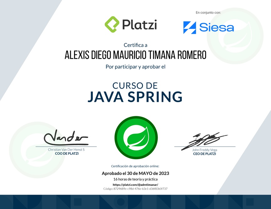 Diploma del Curso de Java Spring