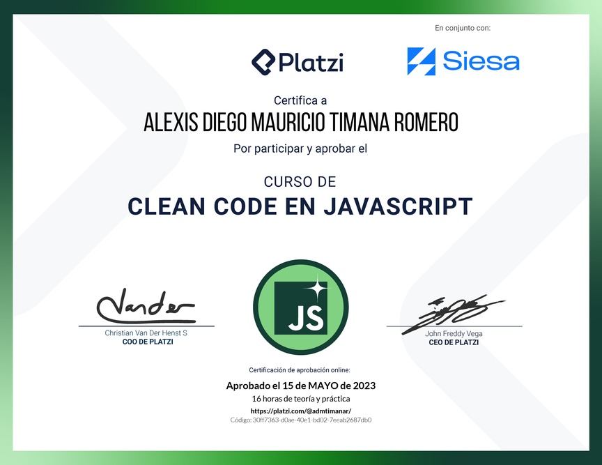 Diploma del Curso de Clean Code y Buenas Prácticas con JavaScript