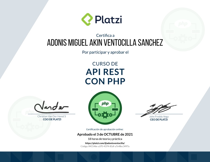 Diploma del Curso de API REST con PHP