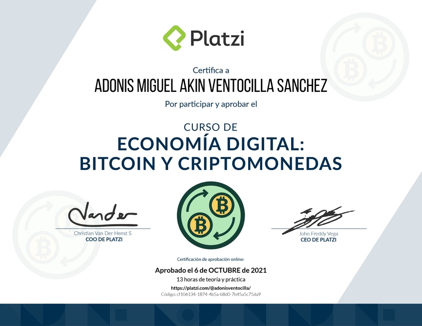 Diploma del Curso de Economía Digital: Bitcoin y Criptomonedas