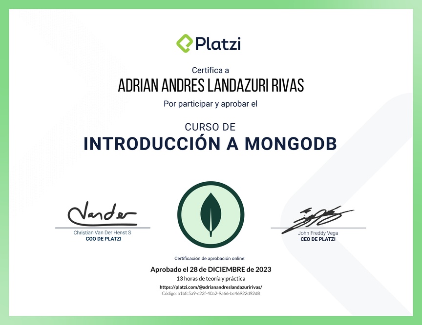 Diploma del Curso de Introducción a MongoDB