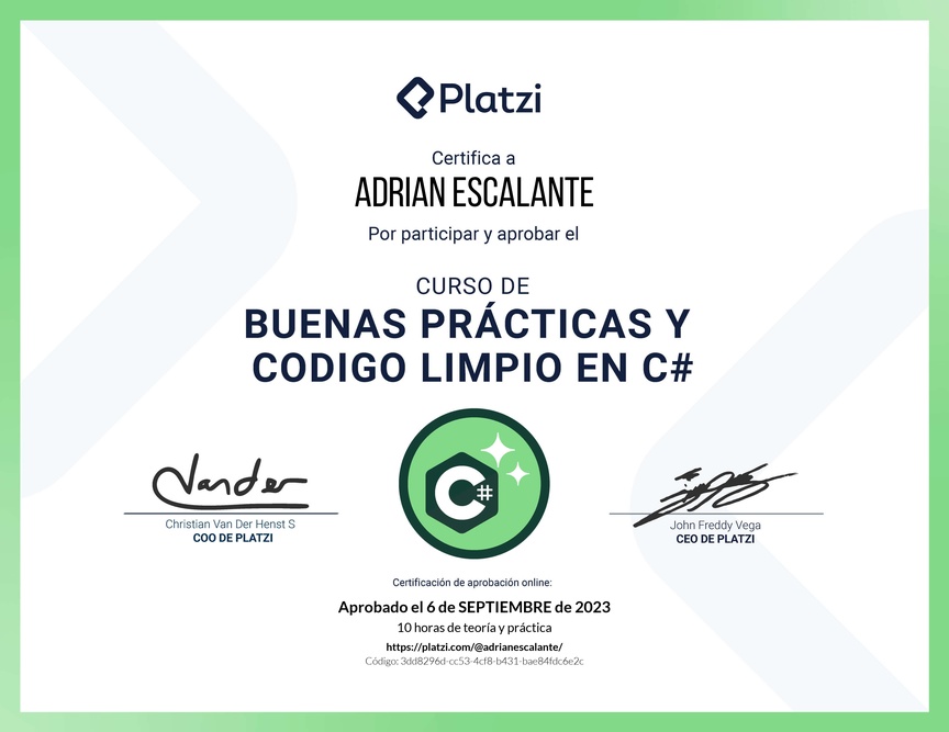 Diploma del Curso de Buenas Prácticas y Código Limpio en C#