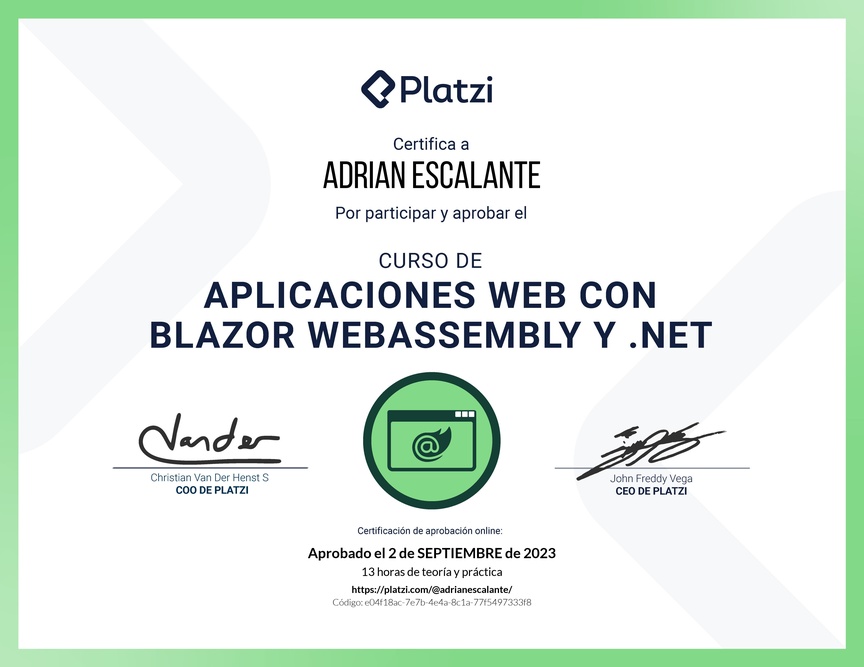 Diploma del Curso de Aplicaciones Web con Blazor WebAssembly y .NET