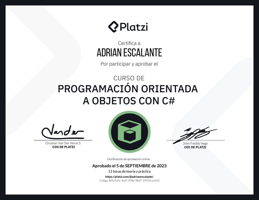Diploma del Curso de Programación Orientada a Objetos con C#