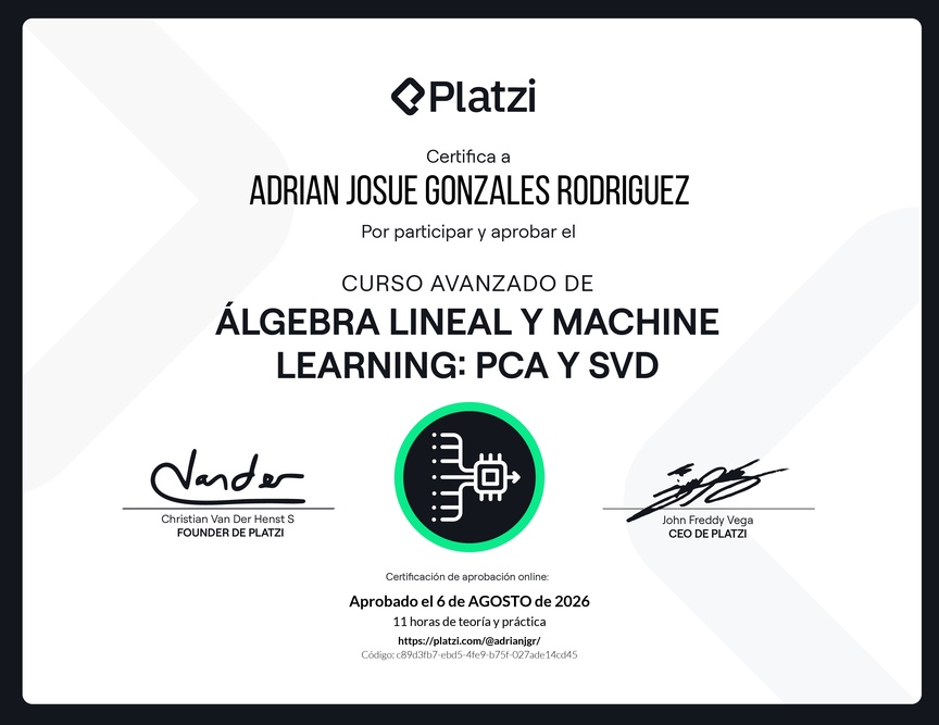 Diploma del Curso Avanzado de Álgebra Lineal y Machine Learning: PCA y SVD