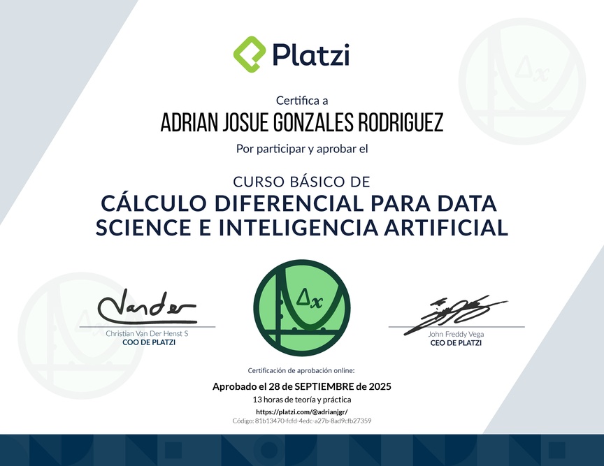 Diploma del Curso Básico de Cálculo Diferencial para Data Science e Inteligencia Artificial