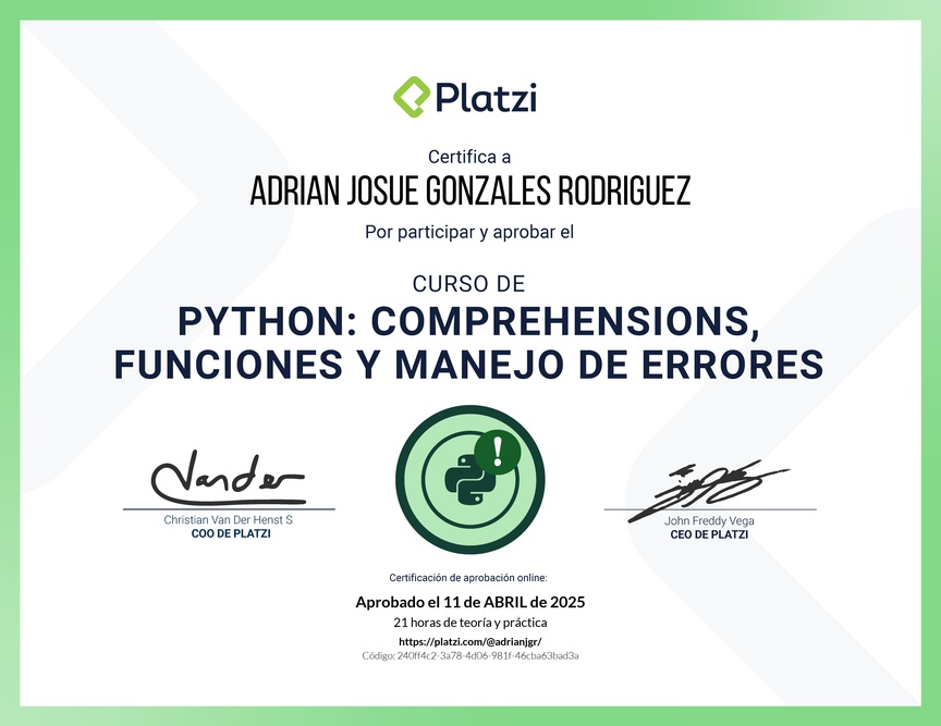 Diploma del Curso de Python: Comprehensions, Funciones y Manejo de Errores
