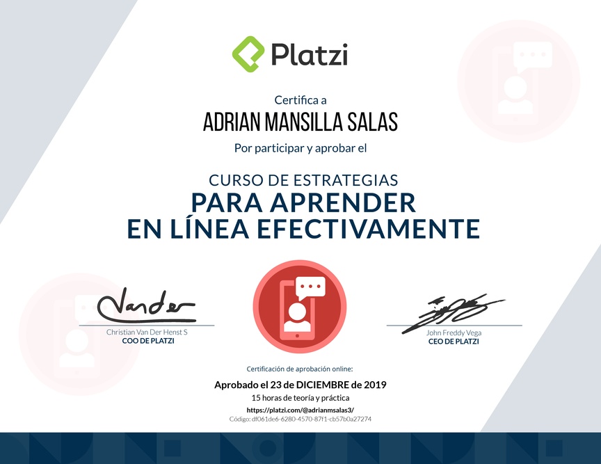 Diploma del Curso de Estrategias para Aprender en Línea Efectivamente 2019
