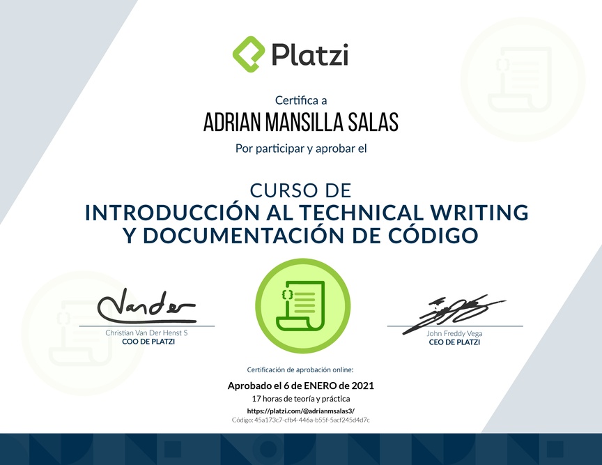 Diploma del Curso de Introducción al Technical Writing y Documentación de Código