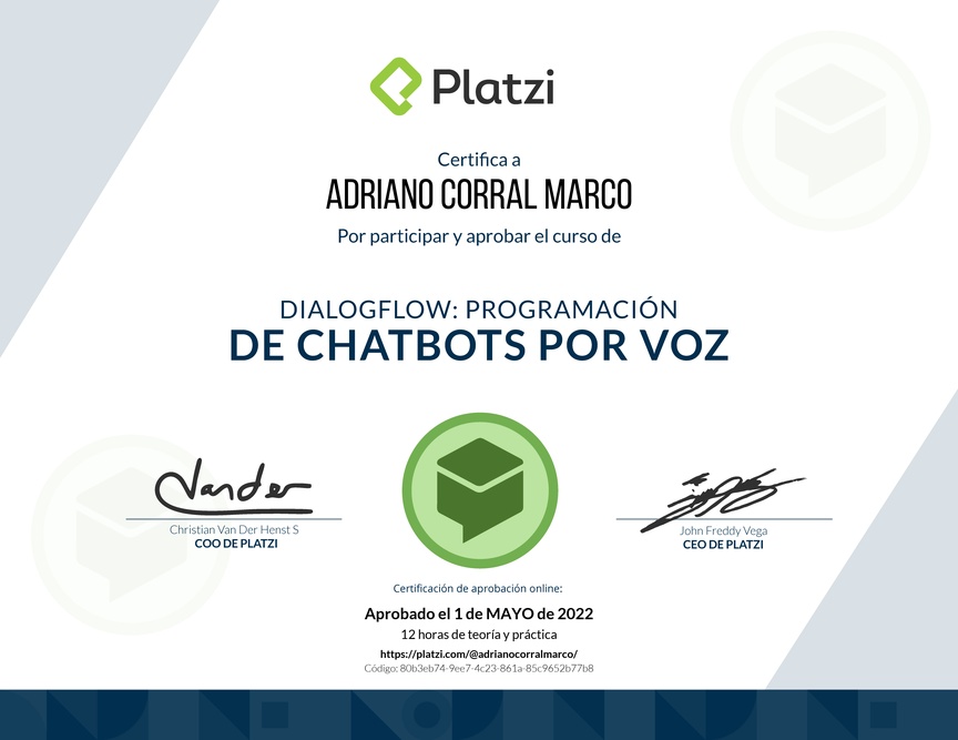 Diploma del Curso de DialogFlow: Programación de Chatbots por voz