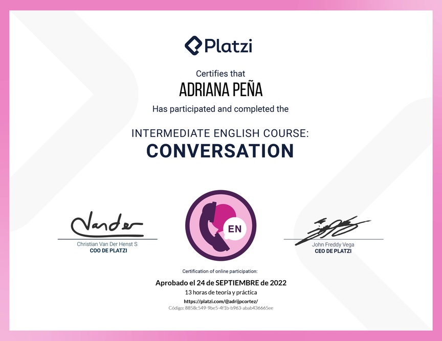 Diploma del Curso de Inglés Intermedio: Conversación 2020