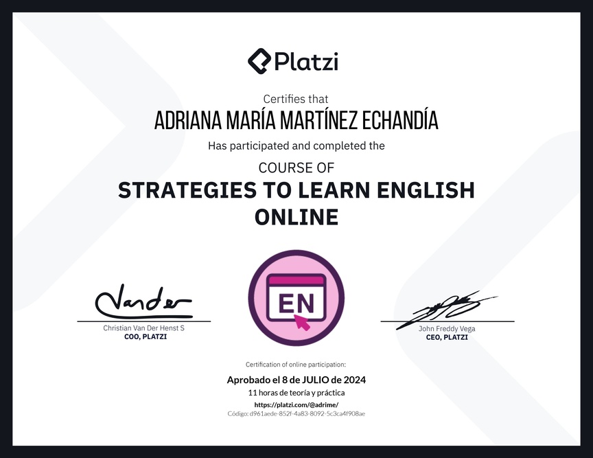 Diploma del Curso Gratis de Estrategias para Aprender Inglés en Línea