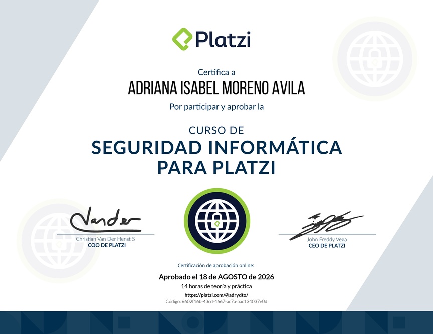 Diploma del Curso de Seguridad Informática para Platzi