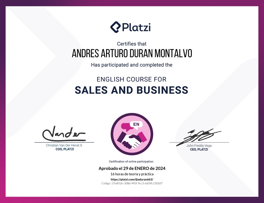 Diploma del Curso para Ventas y Negocios en Inglés (2020)