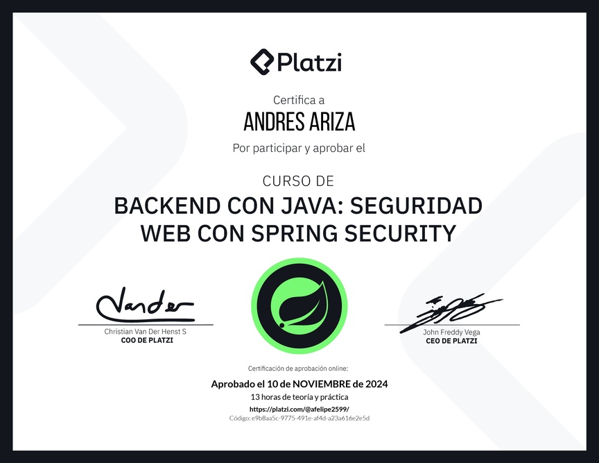Diploma del Curso de Java Spring Security: Autenticación y Seguridad Web