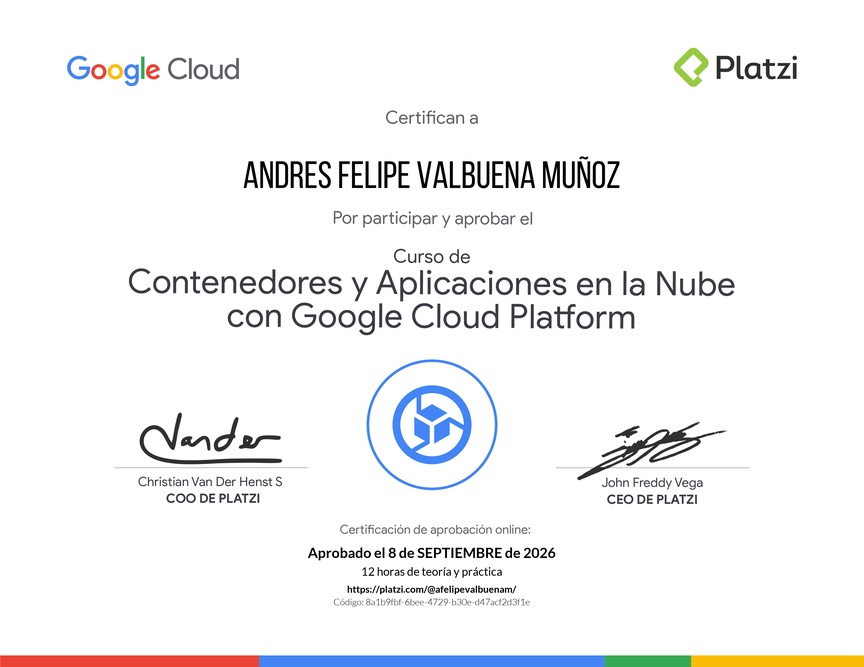 Diploma del Curso de Contenedores y Aplicaciones en la Nube con Google Cloud Platform