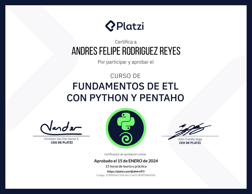 Diploma del Curso de Fundamentos de ETL con Python y Pentaho