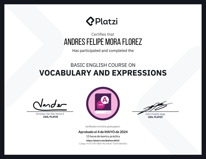 Diploma del Curso Básico de Vocabulario y Expresiones en Inglés