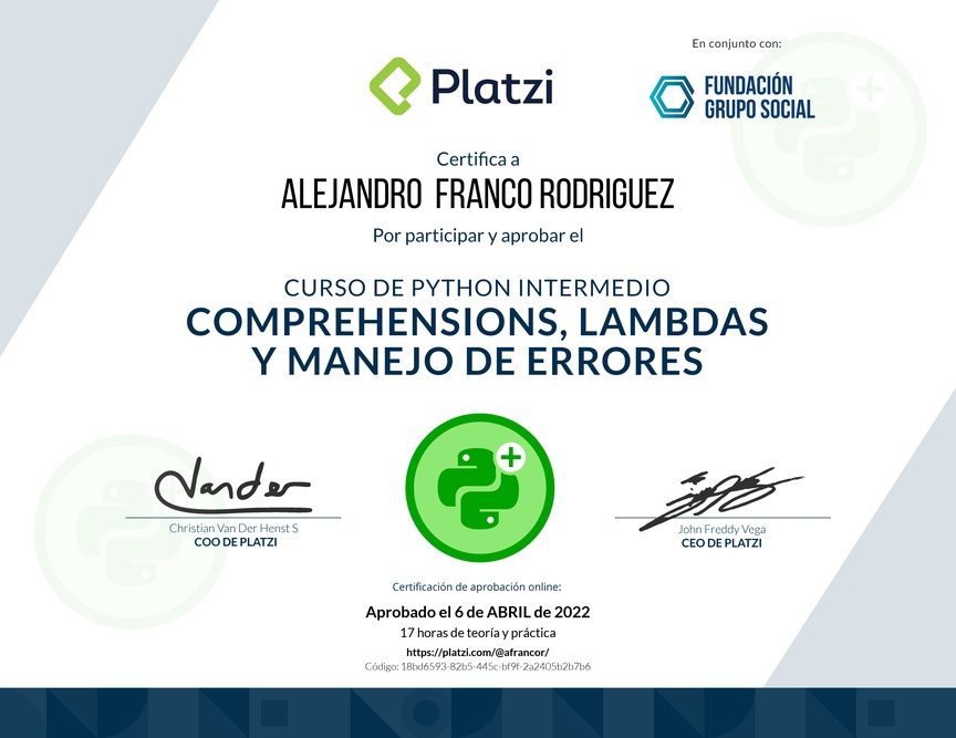 Diploma del Curso de Python Intermedio: Comprehensions, Lambdas y Manejo de Errores