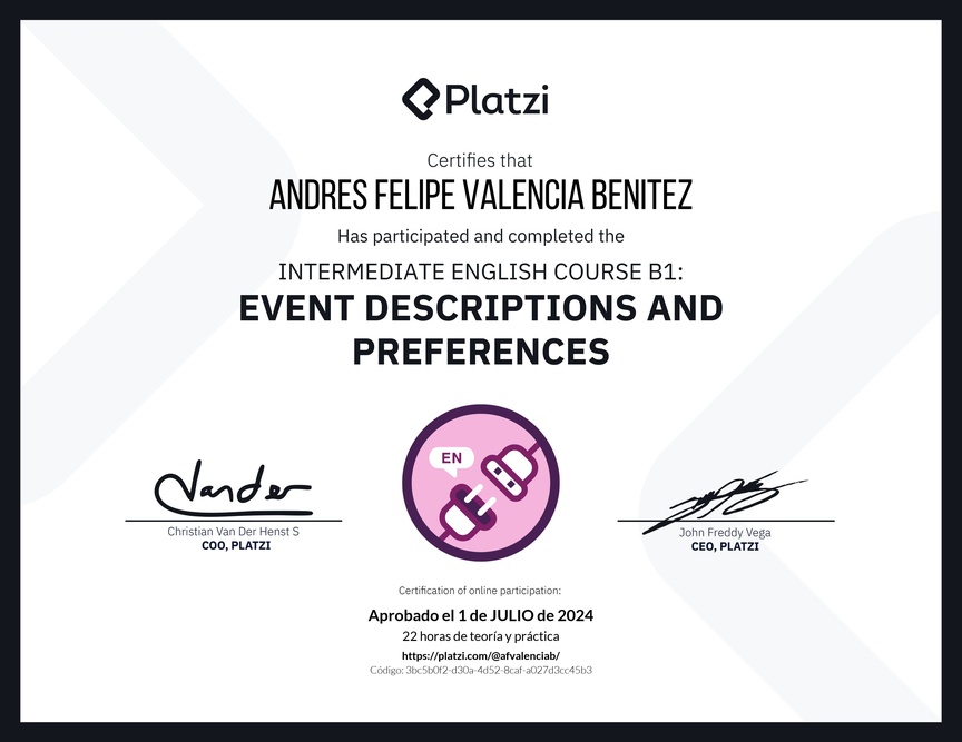 Diploma del Curso de Inglés Intermedio B1: Descripción de Eventos y Preferencias