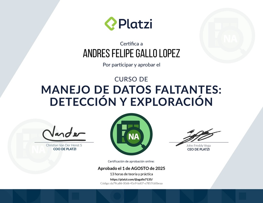Diploma del Curso de Manejo de Datos Faltantes: Detección y Exploración
