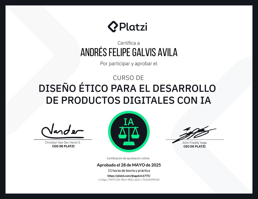 Diploma del Curso de Diseño Ético para el Desarrollo de Productos Digitales con IA