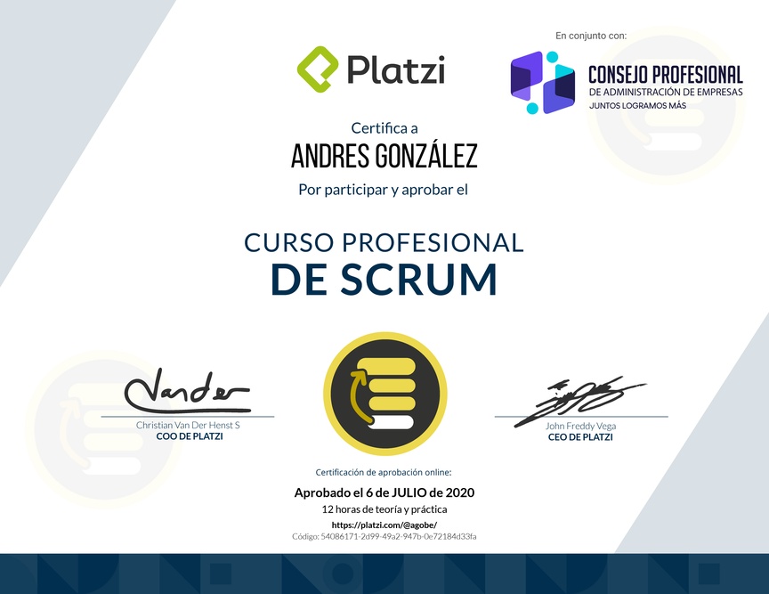 Diploma del Curso Profesional de Scrum