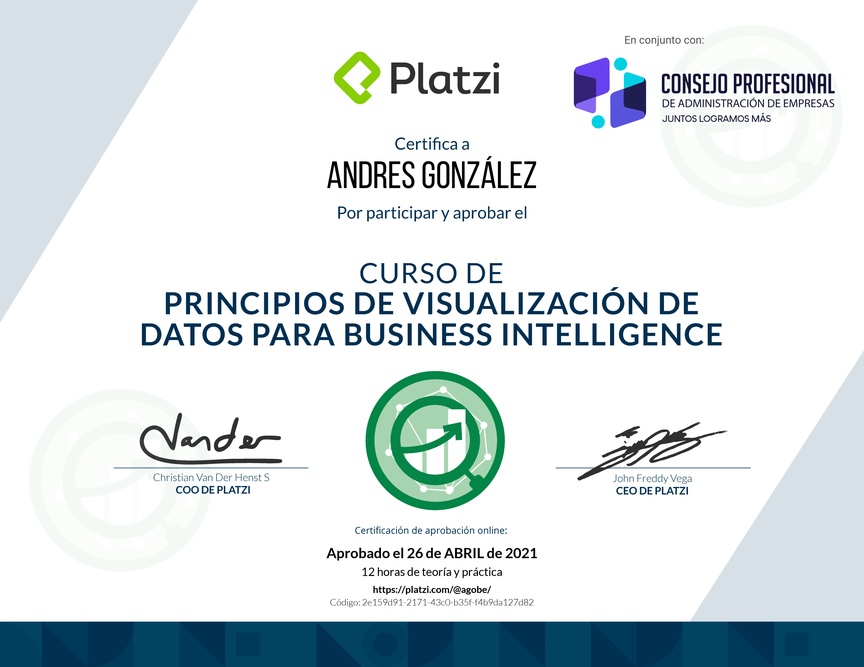 Diploma del Curso de Principios de Visualización de Datos para Business Intelligence (2021)