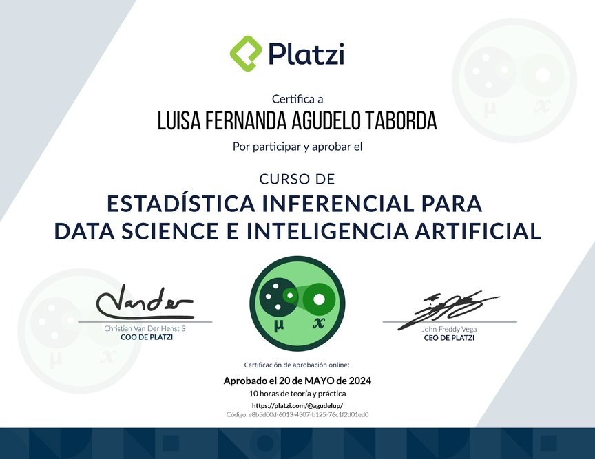Diploma del Curso de Estadística Inferencial para Data Science e Inteligencia Artificial