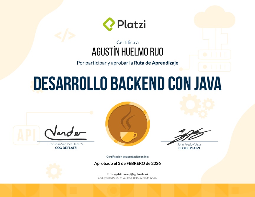 Diploma de la Ruta de Aprendizaje de Desarrollo Backend con Java