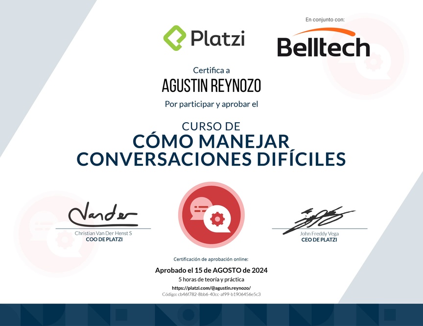 Diploma del Curso de Cómo Manejar Conversaciones Difíciles con Clientes