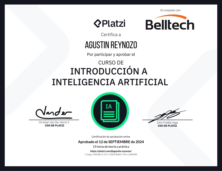 Diploma del Curso de Introducción a Inteligencia Artificial (2023)