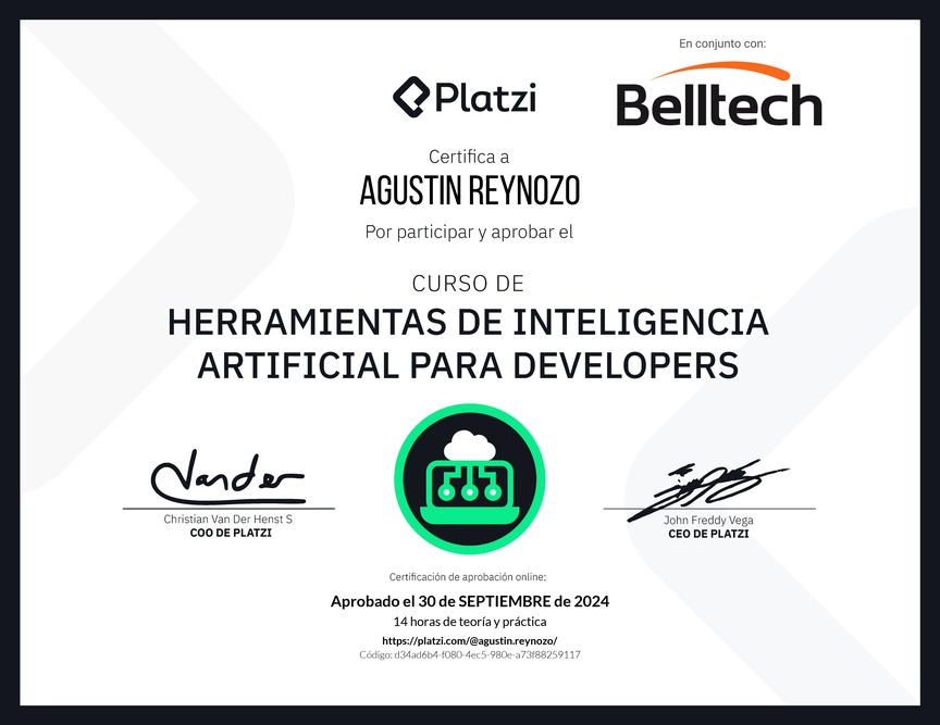 Diploma del Curso de Herramientas de Inteligencia Artificial para Developers (2023)