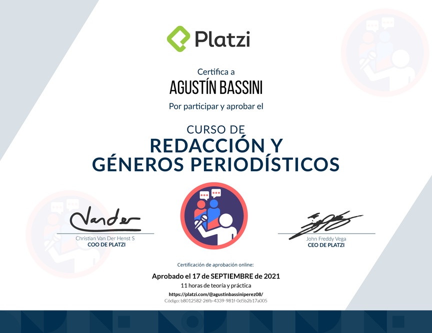 Diploma del Curso de Redacción y Géneros Periodísticos