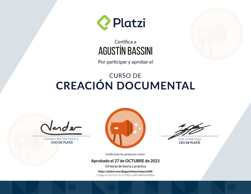 Diploma del Curso para Crear Contenido con Enfoque Documental