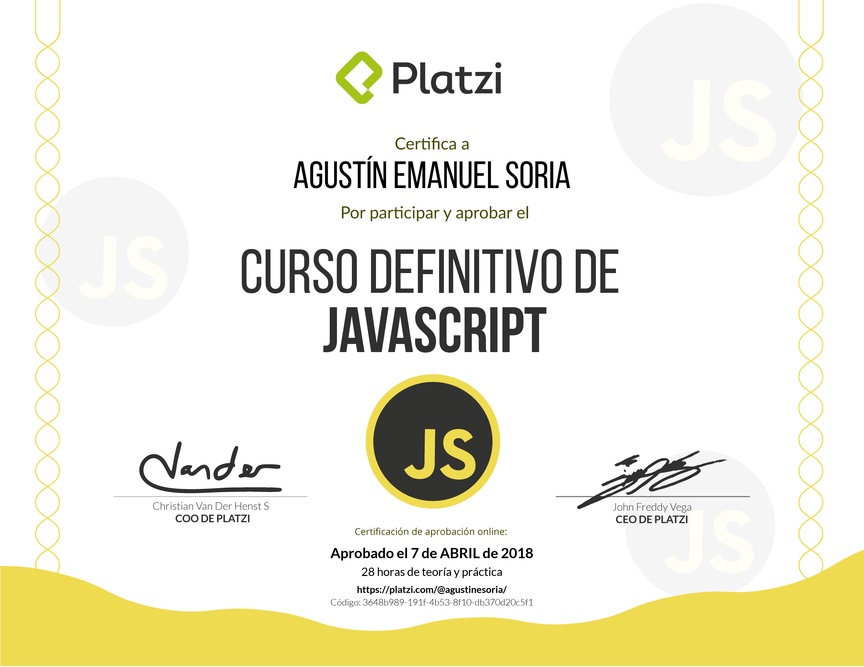 Diploma del Curso Definitivo de JavaScript 2016