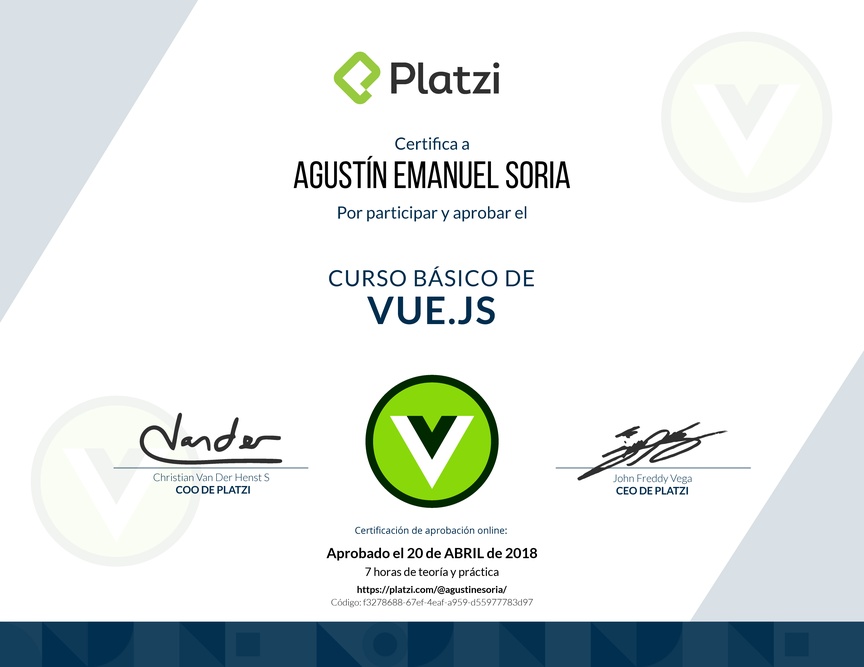 Diploma del Curso Básico de Vue.js 2016