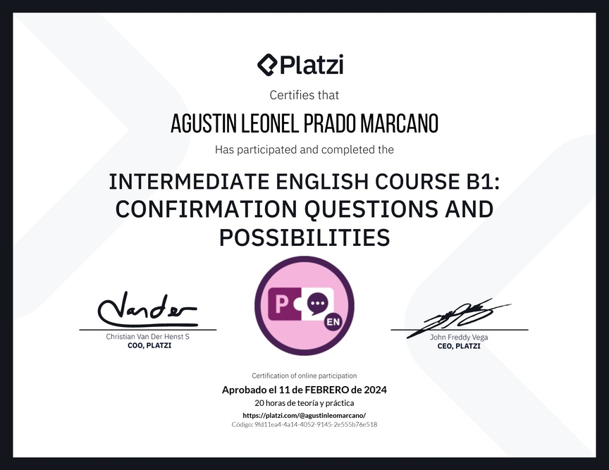 Diploma del Curso de Inglés Intermedio B1: Preguntas de Confirmación y Posibilidades