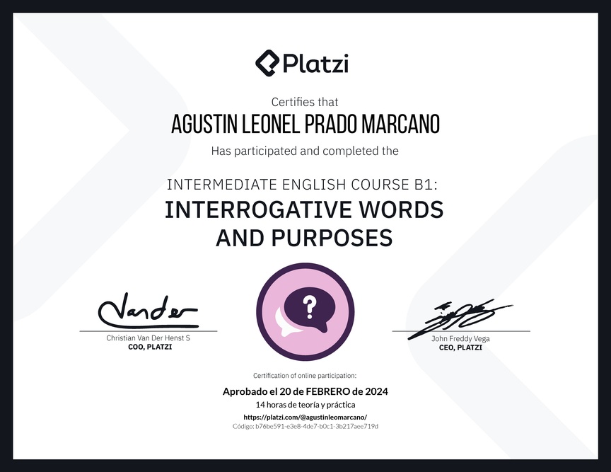 Diploma del Curso de Inglés Intermedio B1: Palabras Interrogativas y Propósitos