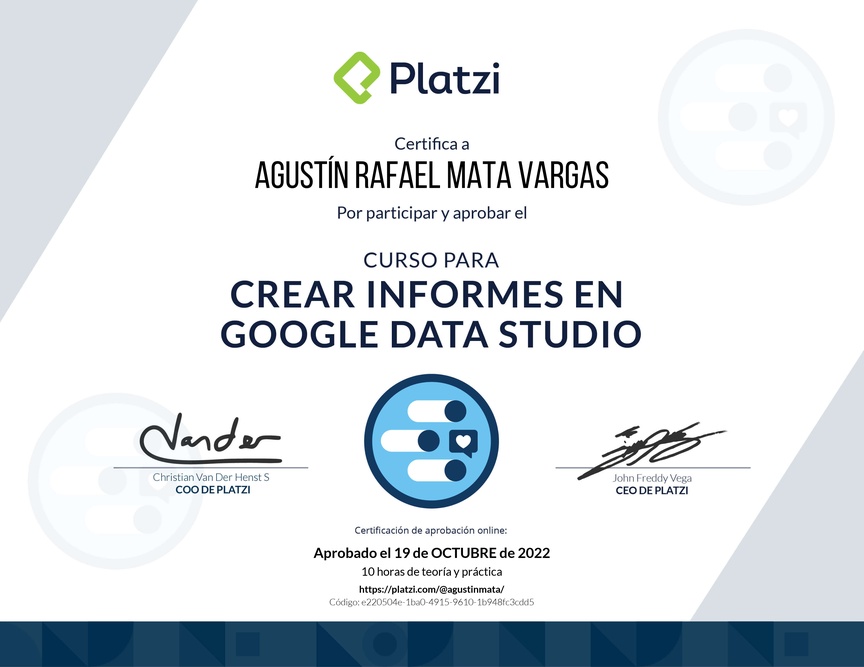Diploma del Curso para Crear Informes de Redes Sociales con Google Data Studio