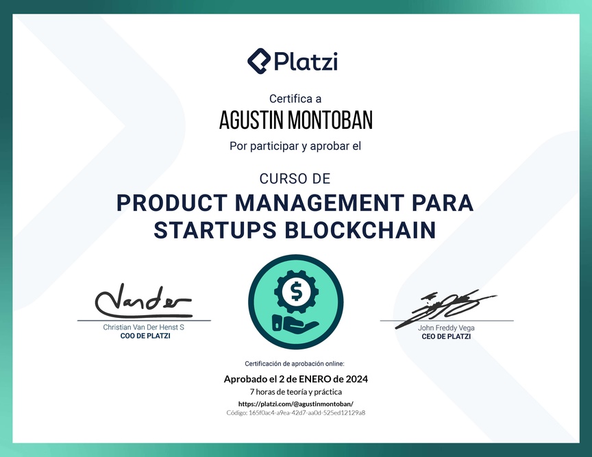 Diploma del Curso de Product Management para Startups Blockchain