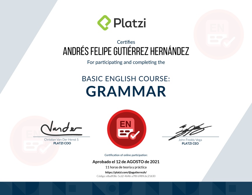 Diploma del Curso de Inglés Básico: Gramática 2018