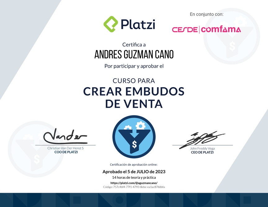 Diploma del Curso de Creación y Optimización de Embudos de Venta (2022)