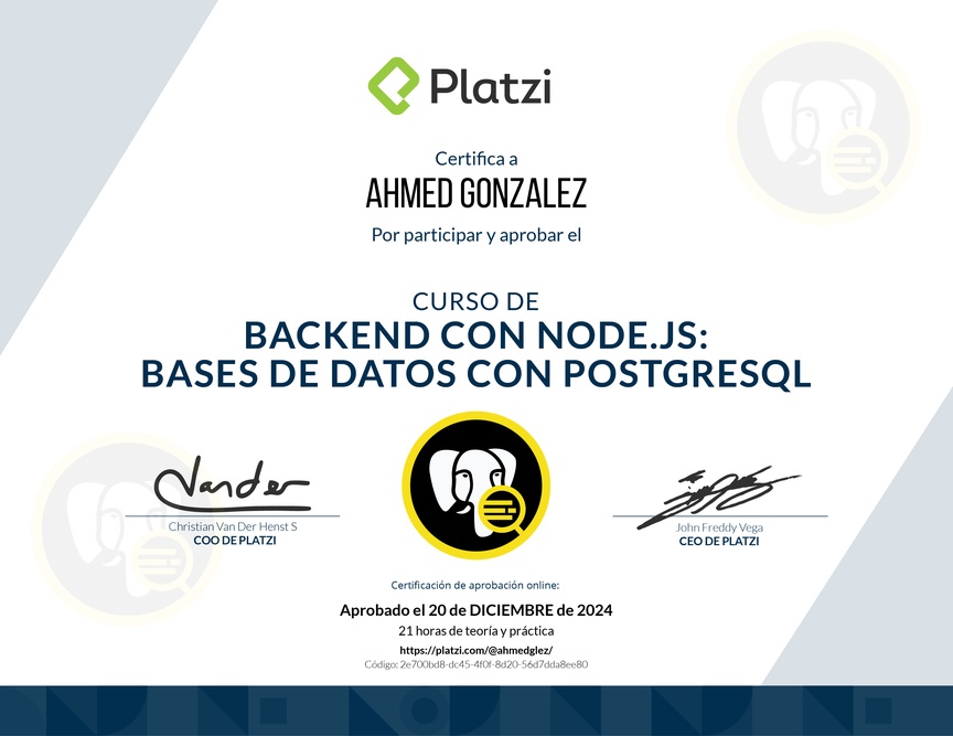 Diploma del Curso de Backend con Node.js: Base de Datos con PostgreSQL