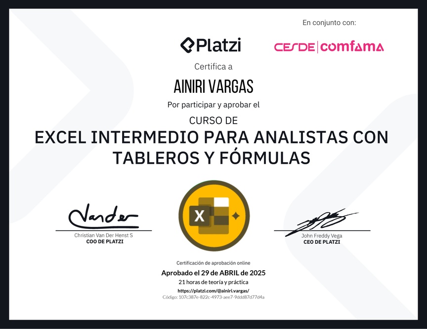 Diploma del Curso de Excel Intermedio para Analistas con Tableros y Fórmulas