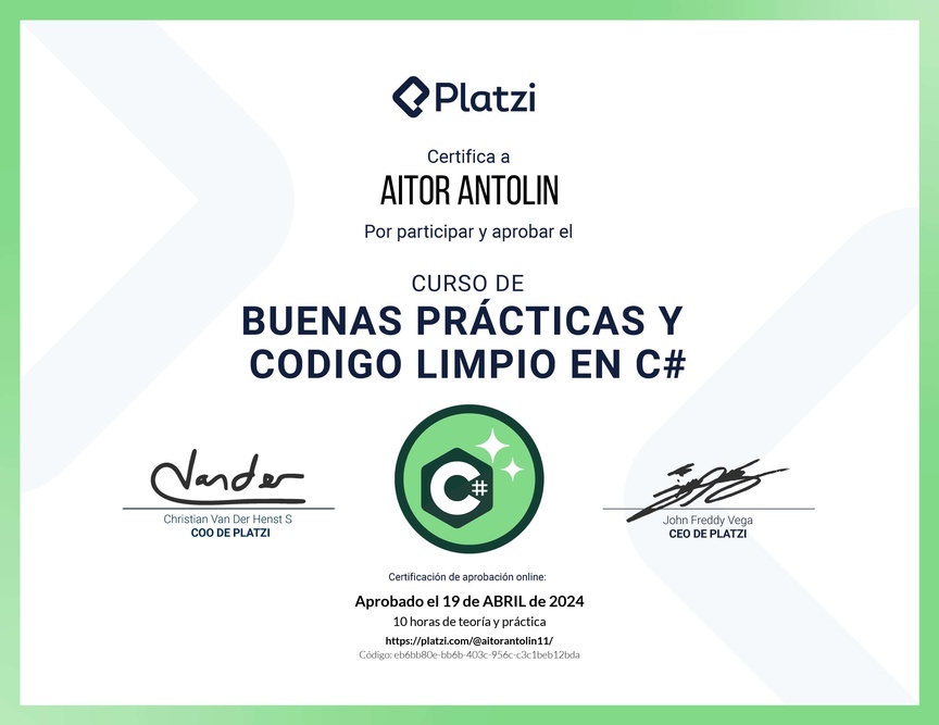 Diploma del Curso de Buenas Prácticas y Código Limpio en C#