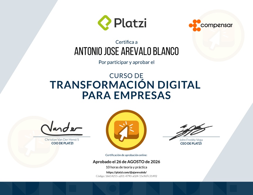 Diploma del Curso de Transformación Digital para el Crecimiento de tu Empresa