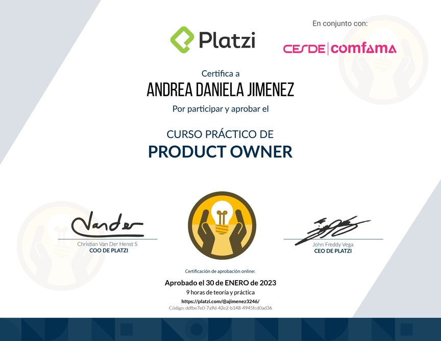 Diploma del Curso de Herramientas y Frameworks Intermedias para Product Owners